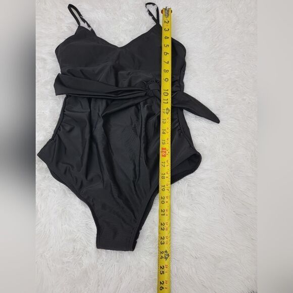 Belted Bathing Suit Solid Black V Neck One Piece Swimsuit Tummy Control Size S - Picture 5 of 7